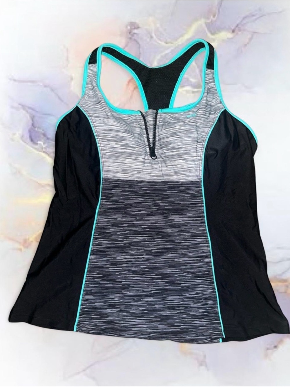 ZeroXposur Black & Gray Space-Dye Racerback Tank with Teal Trim